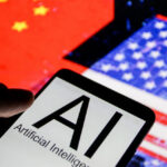 Smartphone with AI screen in front of the United States and China flags