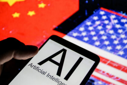 Smartphone with AI screen in front of the United States and China flags