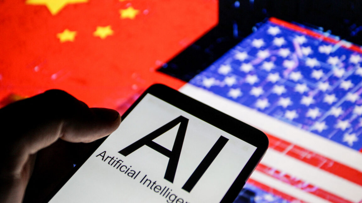 Smartphone with AI screen in front of the United States and China flags