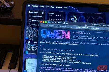 Terminal window showing Qwen Code working on a laptop