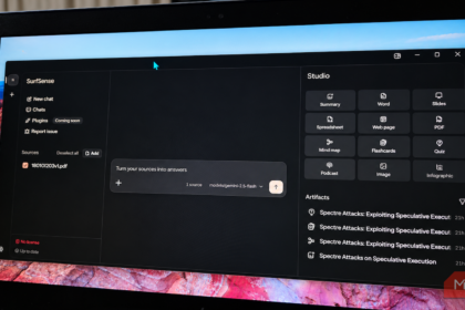 SurfSense desktop research workspace interface with document sources and chat panel