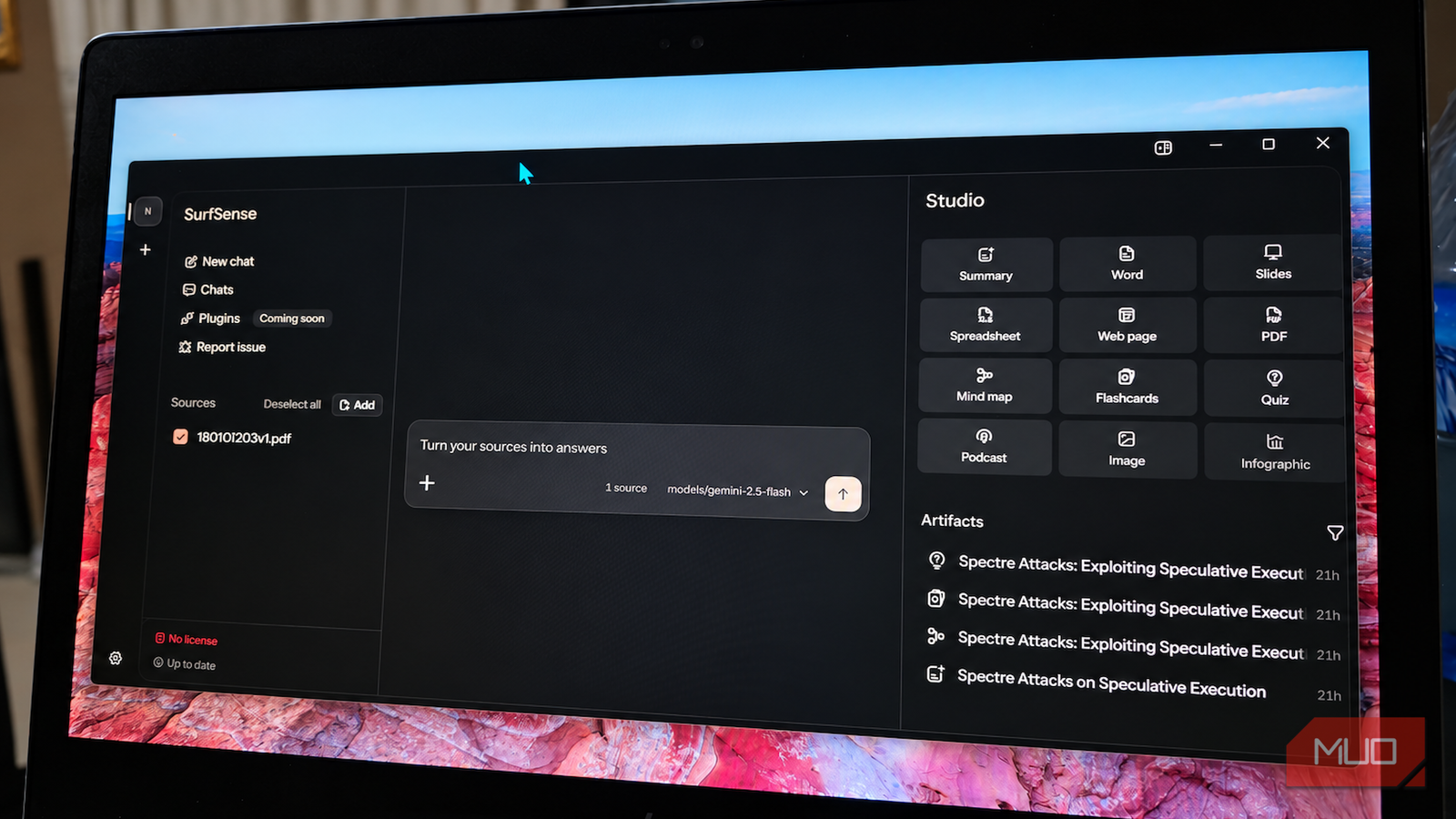 SurfSense desktop research workspace interface with document sources and chat panel