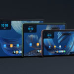 Three Amazon tablets lined up on a dark background