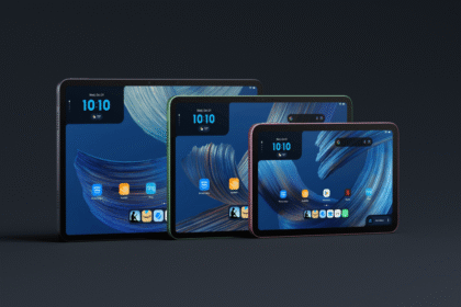 Three Amazon tablets lined up on a dark background