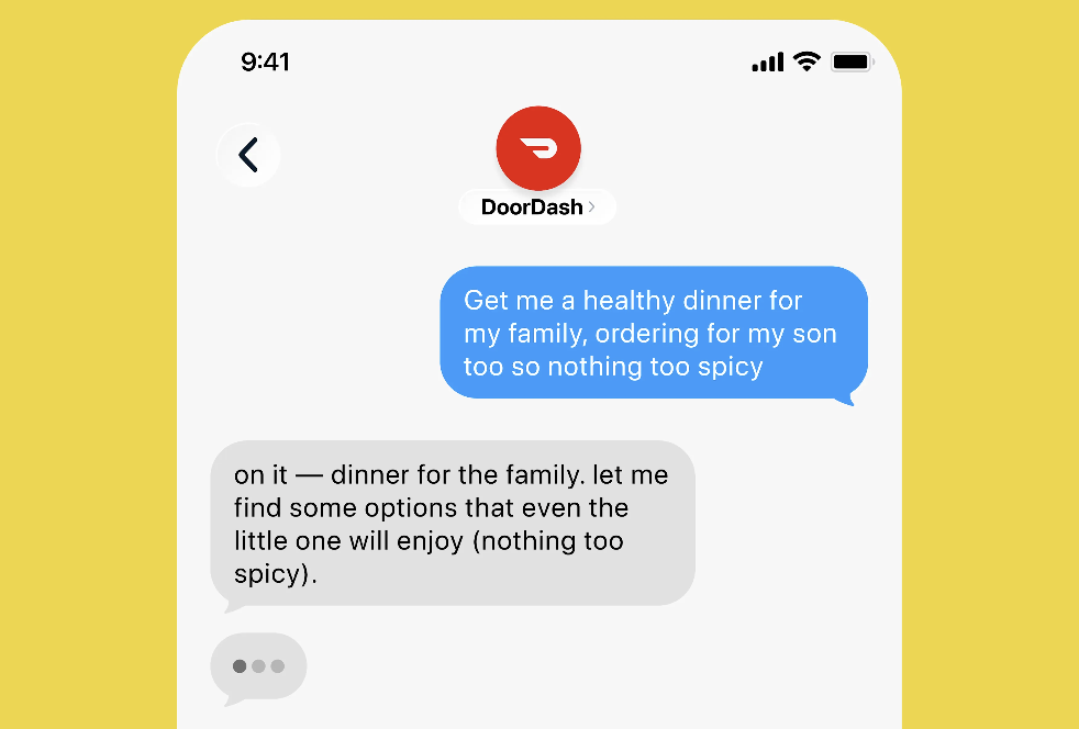 DoorDash text-to-order agent conversation shown on a smartphone screen