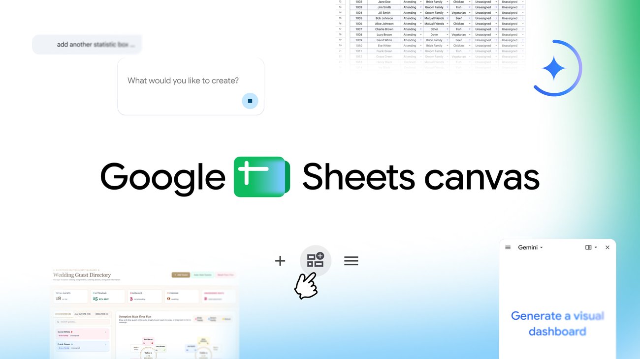 Google Sheets Canvas interface showing spreadsheet data turned into a visual mini-app
