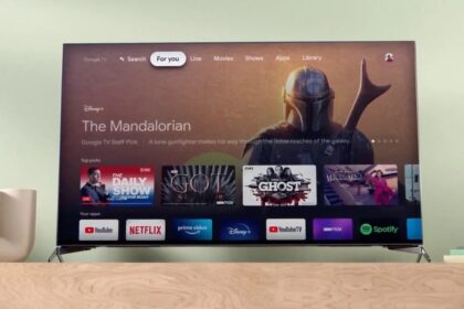 Google TV home screen showing rows of streaming apps on a smart television