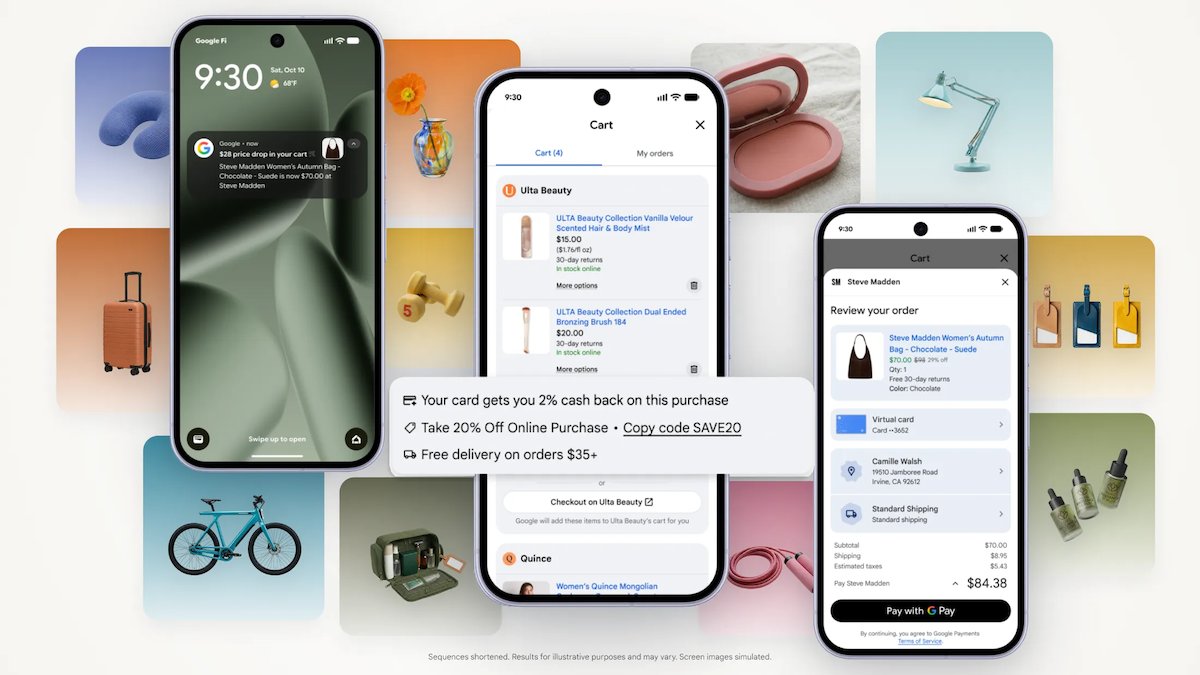 Google Universal Cart interface collecting products from different retailers in one cart