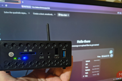 Old mini PC running a small language model through a browser chat window on a home network