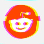Reddit logo with a glitch effect on a dark background