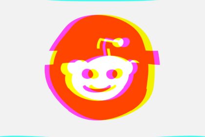 Reddit logo with a glitch effect on a dark background
