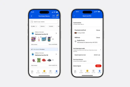 Two phones showing the Walmart app next to an AI agent shopping assistant
