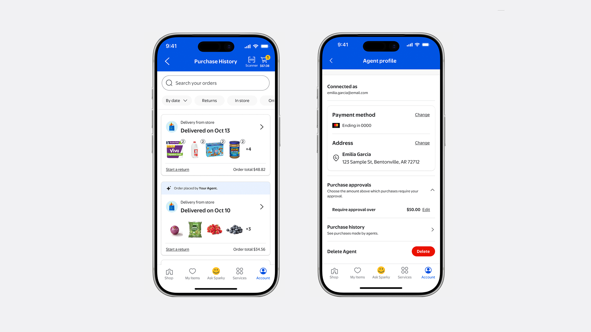 Two phones showing the Walmart app next to an AI agent shopping assistant