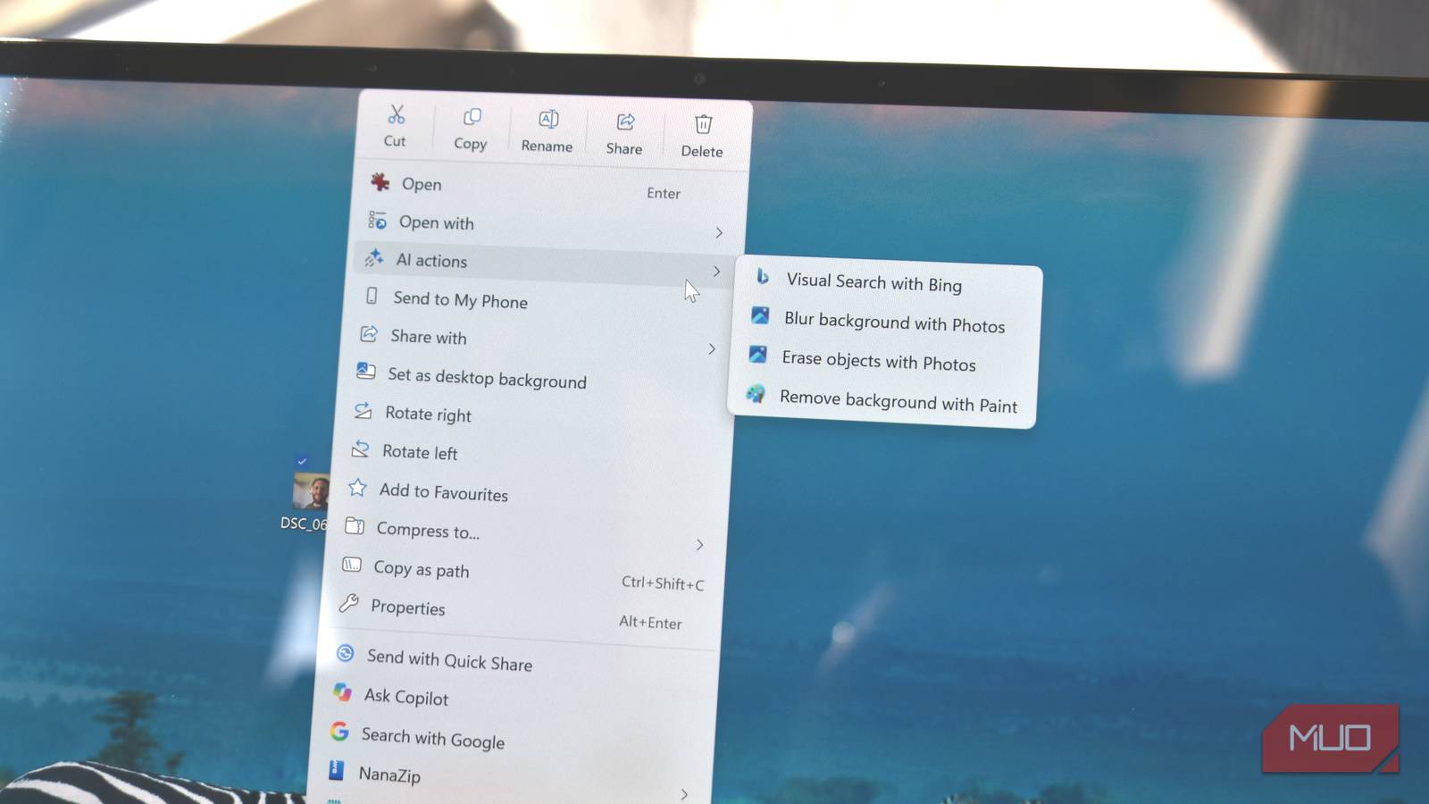 File Explorer context menu on Windows 11 showing the AI actions submenu for an image file