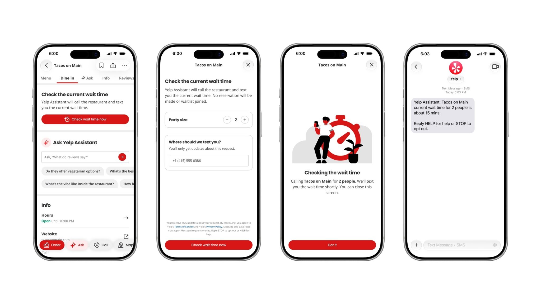 Yelp app Check for Me feature where an AI voice agent calls a restaurant for wait times