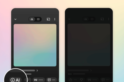 Music player screen on a phone showing a track with an AI-generated content label