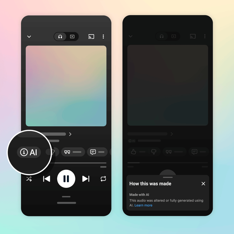 Music player screen on a phone showing a track with an AI-generated content label